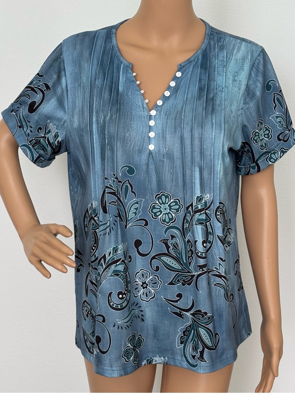 Soesdemo Blue Floral Boho V Neck Pleated Top Size M